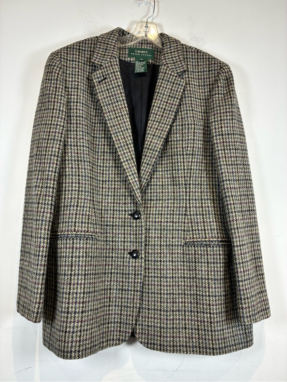 Ralph Lauren 100% Wool Tweed Blazer Jacket - Multi Colored Houndstooth, Size 14